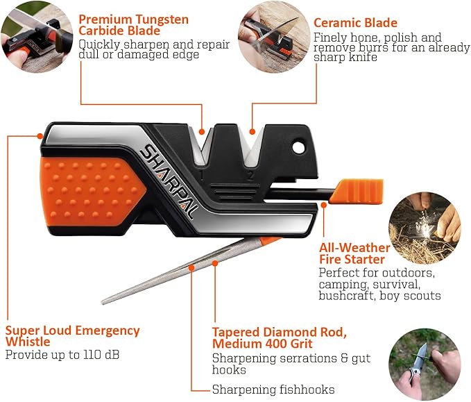 SHARPAL 101N 6-in-1 Pocket Knife Sharpener & Survival Tool – Diamond Sharpening Rod, Fire Starter Ferro Rod, Whistle – Sharpens Straight & Serrated Blades, Repairs & Hones Knives Mothers Day Gifts - Image 2