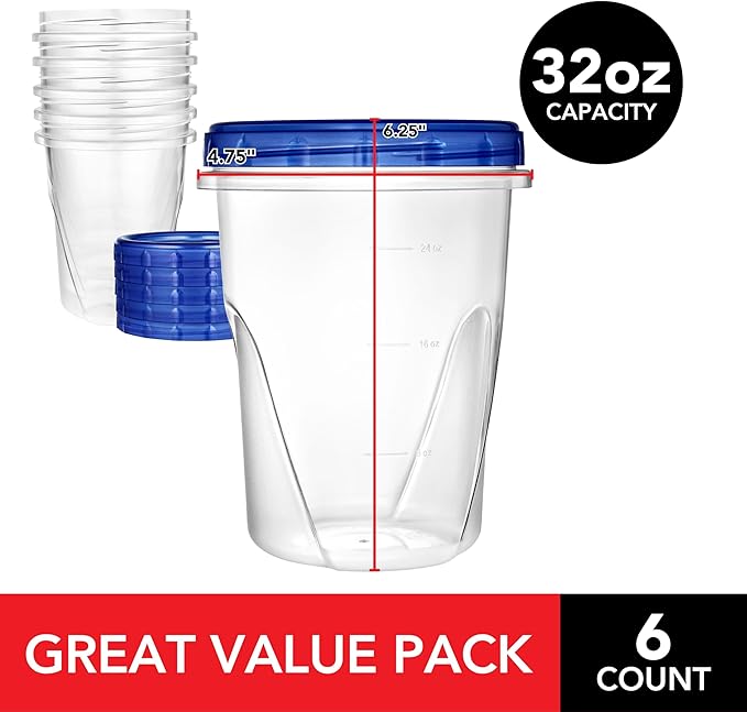 Stock Your Home 32oz Plastic Containers with Twist Top Lids (6 Pack), Quart Freezer Containers with Lids for Leftover Food, Airtight Reusable Soup Containers, Microwave and Dishwasher Safe - Image 2