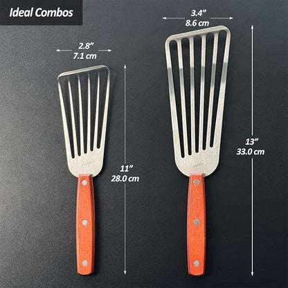 2 Pack Fish Spatula Turner, Stainless Steel Slotted Spatulas for Flipping, Turning, Frying & Grilling, 3"x6"+4"x8" Metal Slotted Spatulas, Wooden Full Tang Handle & Curved Blade - Image 7