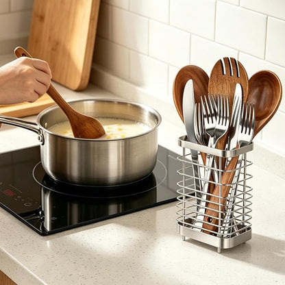Utensil Holder, Stainless Steel Utensil Drying Rack for Kitchen Counter, Silverware Cutlery Flatware Holder Forks, Knives, Spoons, Chopsticks Organizer (Silver) - Image 6