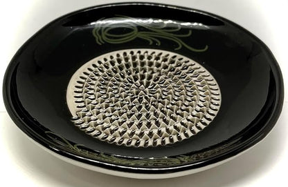BonCera, All-in-one Premium Ceramic Garlic Grater Plate 4-Piece Set - Black Garlic Design - for Garlic, Ginger, Chocolate, and More! - Comes with 5.25" Plate, Peeler, Brush, and Stand