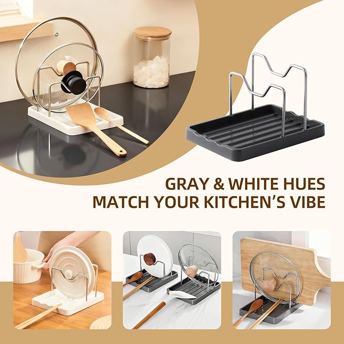 2 in 1 Pot Lid Holder & Spoon Rest for Kitchen Counter, Plastic Utensil Rest with Stainless Steel Pan Lid Holder Organizer While Cooking, Countertop Space Saving Pot Cover Rack | Easy to Clean - Image 6