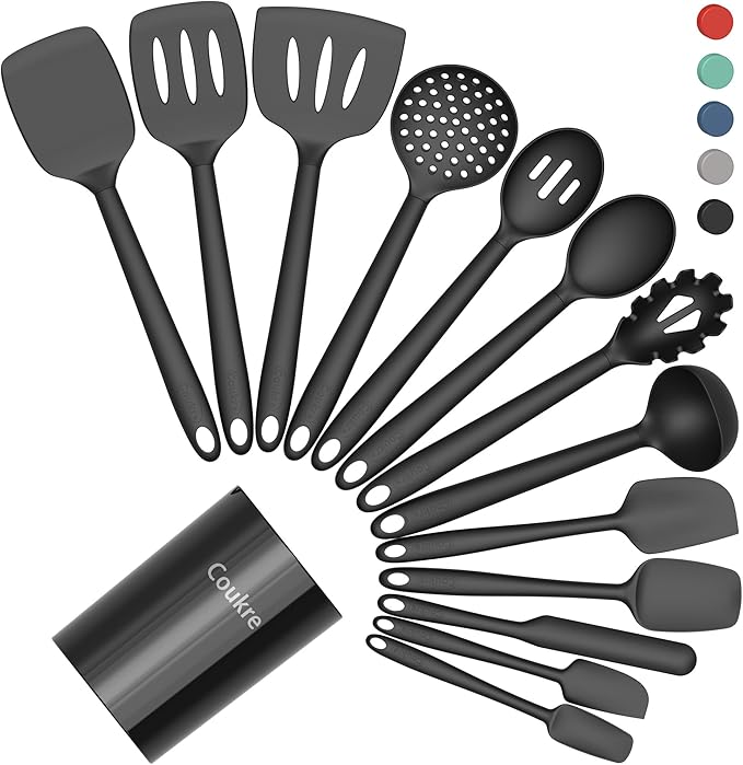 Coukre Silicone Kitchen Cooking Utensils Set with Holder – Heat-Resistant, Food-Grade Kitchen Tools, Spatula, Spoon & Gadgets for Non-Stick Pans, Dishwasher Safe (14, PureBlack) by Coukre