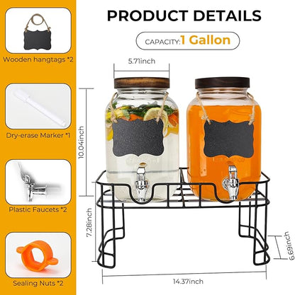 Glass Drink Dispensers For Parties, 2 PACK 1 Gallon Beverage Dispenser With Wooden Lids, Metal Stand And Spigot 100% Leak proof. Lemonade Dispenser With Chalk board - Image 2