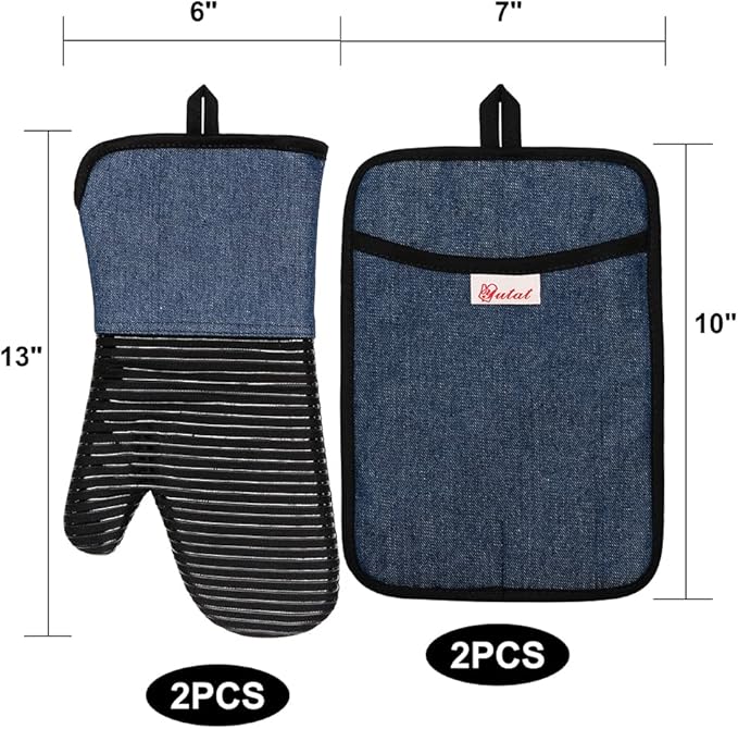 Yutat Oven Mitts, Pot Holders Set of 4 Made with Pure Cotton and Food Grade Non-Slip Silicone - 500 F Heat Resistant Oven Mitts and Pot Holders Sets for Kitchen Cooking (4pcs Set, Black and Denim) - Image 2