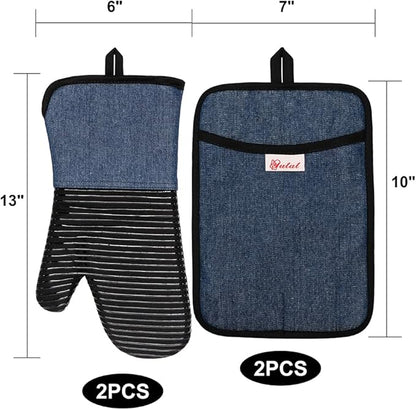 Yutat Oven Mitts, Pot Holders Set of 4 Made with Pure Cotton and Food Grade Non-Slip Silicone - 500 F Heat Resistant Oven Mitts and Pot Holders Sets for Kitchen Cooking (4pcs Set, Black and Denim) - Image 2