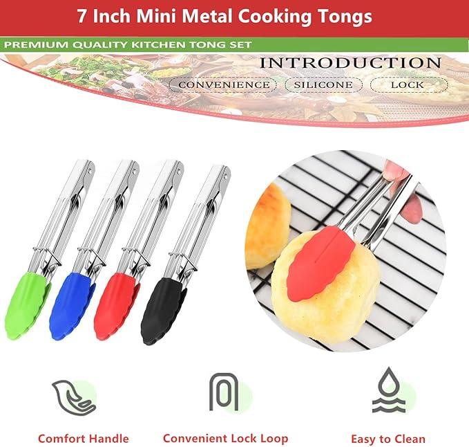 Mini Kitchen Tongs with Silicone Tips, 3-Piece Set, 7-Inch Non-Stick Tongs with Stainless Steel Silicon Handles, Heat Resistant for Cooking & Serving (Red) - Image 3