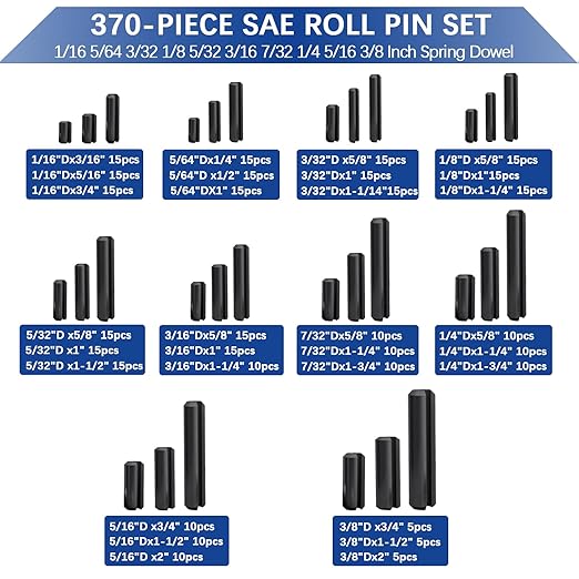 370 Pcs Roll pin Assortment, SAE Roll Pin Set, Slotted Spring Pins, Steel Split Expansion Pin, Black Roll Pins, 1/16 5/64 3/32 1/8 5/32 3/16 7/32 1/4 5/16 3/8 Inch Spring Dowel - Image 2