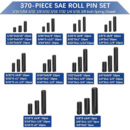 370 Pcs Roll pin Assortment, SAE Roll Pin Set, Slotted Spring Pins, Steel Split Expansion Pin, Black Roll Pins, 1/16 5/64 3/32 1/8 5/32 3/16 7/32 1/4 5/16 3/8 Inch Spring Dowel - Image 2