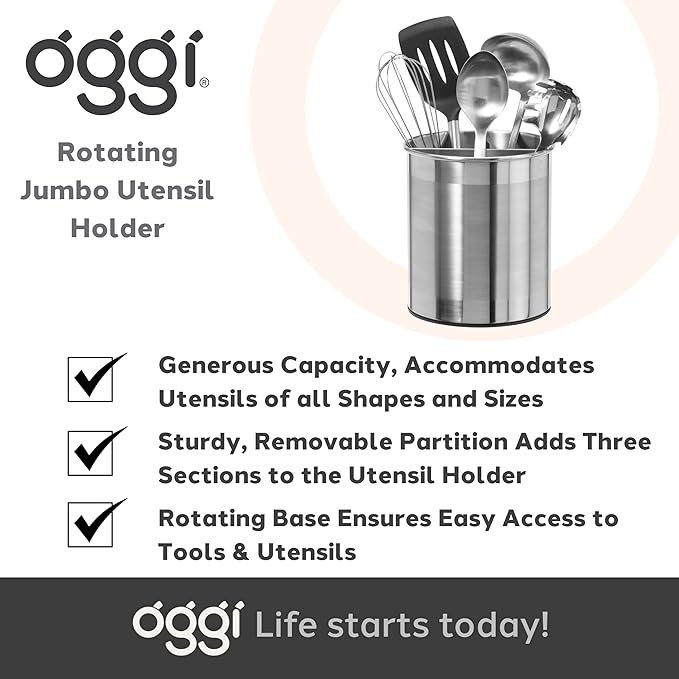 Oggi Jumbo Stainless Steel Rotating Utensil Holder with Removable Divider - Stylish kitchen cooking utensil organizer. Height 7.5". - Image 7