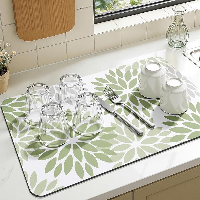 Findosom Floral Dish Drying Mat, 16" x 24" Super Absorbent & Hide Stain Coffee Mat, Cuttable Drying Mat for Kitchen Counter, Under Dish Rack, Coffee Maker, Espresso Machine, Sage Green