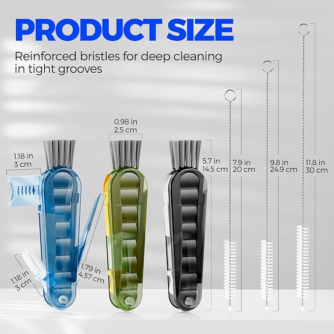 6 PACK Holikme 4 in 1 Cup Lid Cleaning Brush Set with 3 Straws, Multifunctional Bottle Brush, Silicone Cup Lid Gap Cleaner, Durable Bristle Crevice Cleaning Brush,Flat End Brushes,Navy & Black & Olive - Image 6