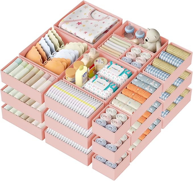 DIMJ Drawer Organizer Clothes 24Pack - Foldable Baby Organizers and Storage & Dresser Organizer for Bedroom, Closet - Nursery Organization Dresser Dividers for underwear, Sock,Bra, Belt, Tie, Pink by DiMJ