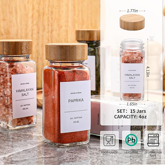 DIMBRAH Spice Jars with Label 24Pcs,Seasoning Containers,Glass Spice Jars with Bamboo Lids,Kitchen Essentials,Spices Container Set,Kitchen Set,Seasoning Organizer,Spice Rack Organizer for Cabinet - Image 2