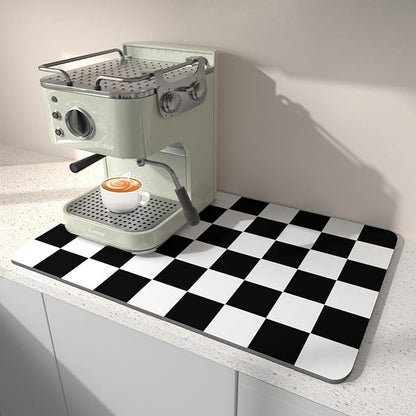 Dish Drying Mat for Kitchen Counter, 12" x 20" Checkered Coffee Bar Mat for Espresso Machine, Absorbent and Stain-Resistant Countertop Protector, Non-Slip Rubber Back Drying Pad, Black & White