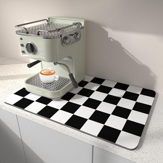 Dish Drying Mat for Kitchen Counter, 12" x 20" Checkered Coffee Bar Mat for Espresso Machine, Absorbent and Stain-Resistant Countertop Protector, Non-Slip Rubber Back Drying Pad, Black & White