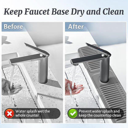 PoYang 24 inch Faucet Mat for Kitchen Sink Splash Guard, 7° Slope Silicone Sink Water Splash Guard for Kitchen Sink Area with Snap Button, Longer Sink Protectors for kitchen Sink Sponge Holder, Grey