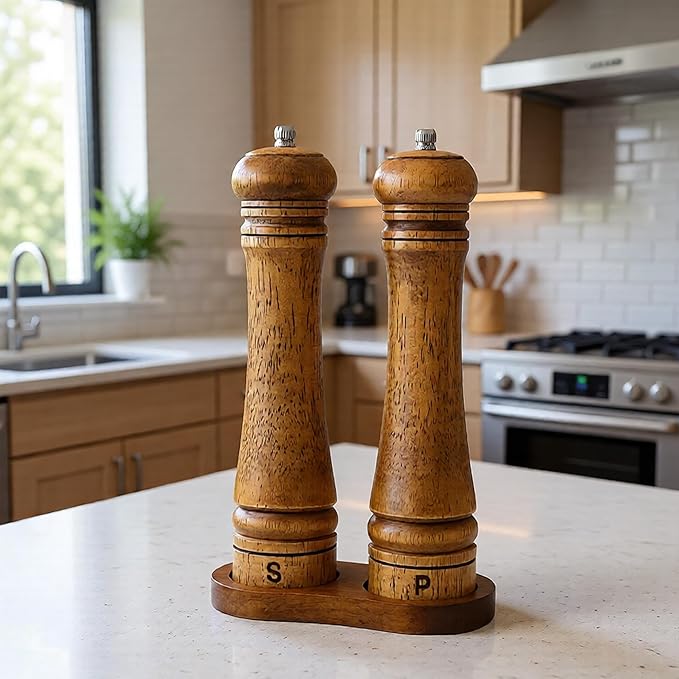 Wooden Salt and Pepper Grinder Set, Premium Oak Wood Salt Grinders Shakers, Pepper Mill with S and P Engraving, Adjustable Ceramic Grinder (10″ - 2 Packs with Tray) - Image 4