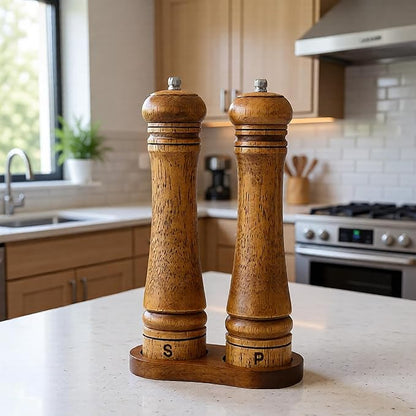 Wooden Salt and Pepper Grinder Set, Premium Oak Wood Salt Grinders Shakers, Pepper Mill with S and P Engraving, Adjustable Ceramic Grinder (10″ - 2 Packs with Tray) - Image 4