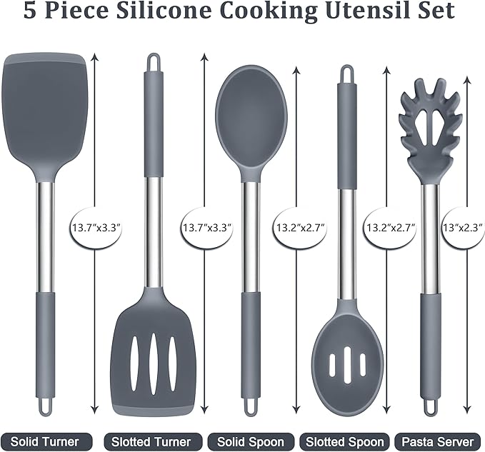 TeamFar Silicone Cooking Utensils Set, 5 PCS Heat-Proof Kitchen Utensils with Stainless Steel Handle, Turner/Spoon/Pasta Server for Nonstick Cookware Frying Flipping Draining, Light Grey - Image 2