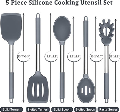 TeamFar Silicone Cooking Utensils Set, 5 PCS Heat-Proof Kitchen Utensils with Stainless Steel Handle, Turner/Spoon/Pasta Server for Nonstick Cookware Frying Flipping Draining, Light Grey - Image 2