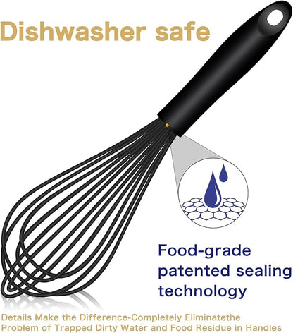 OYV Dishwasher Safe Silicone Whisk, Sealed Waterproof Design Set of 3, Professional Kitchen Whisks for Cooking Non-Scratch, Silicone & Stainless Steel Whisk, Heat Resistant Balloon Egg Beater, Black - Image 2