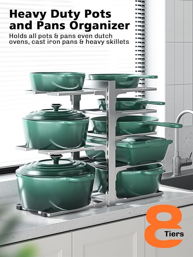 MUDEELA 8-Tier Pots and Pans Organizer under Cabinet, 15.83" Height Heavy Duty Pot Pan Organizer Kitchen Cabinet Organization and Storage, Adjustable Pot Rack for Frying Pan, Cast Iron Skillet, Sliver - Image 5