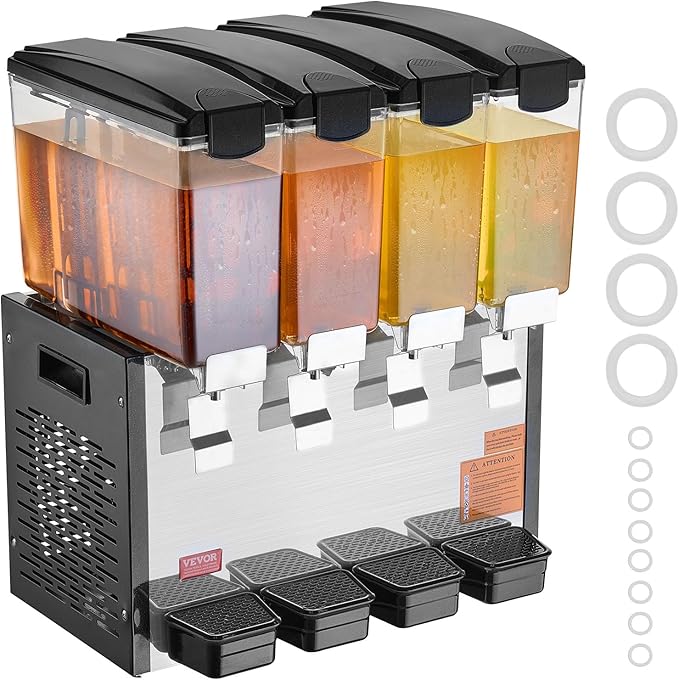 VEVOR Commercial Beverage Dispenser, 4 Tanks 10 L / 10.6 QT Per Tank Juice Dispenser, 430W Stainless Steel Ice Tea Drink Machine with 45°F-54°F Cooling Temperature, for Cold Drink Restaurant Bar Party - Image 9
