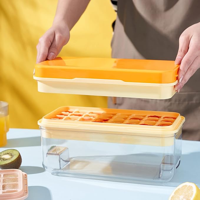 Ice Cube Tray with Lid and Bin, 64 pcs Ice Tray Kit with Ice Scoop, Ice Cube Pop Out Tray, Ice Cube Trays for Freezer, Ice Cube Molds, BPA Free, Easy Release Stackble Spill-Resistant ZZWILLB (Orange)