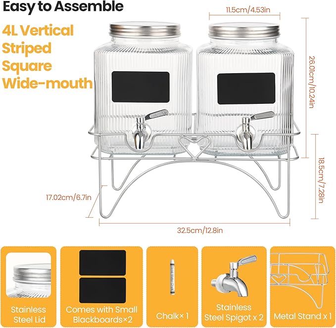 Lulonpon 2 x 4L(1.06 Gallon) Glass Drink Dispenser, Beverage Dispenser with Stainless Tap, Glass Water Juice Dispensers with Metal Stand, Water Jug with Tap Perfect for Parties,Weddings,Birthdays - Image 3