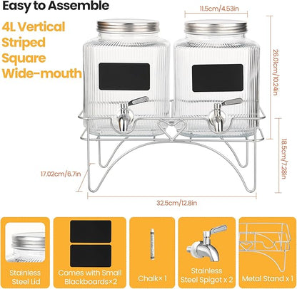 Lulonpon 2 x 4L(1.06 Gallon) Glass Drink Dispenser, Beverage Dispenser with Stainless Tap, Glass Water Juice Dispensers with Metal Stand, Water Jug with Tap Perfect for Parties,Weddings,Birthdays - Image 3