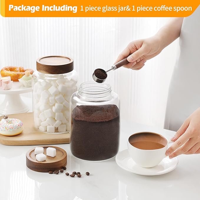 Large Glass Coffee Jars with Spoons 60 oz /1800ml, Round Storage Canister with Wooden Lid Clear Glass Food Jar for Pantry Sugar Tea Coffee Bean Spice Nuts Cookies Bath Salts (1800ml/60oz) - Image 5