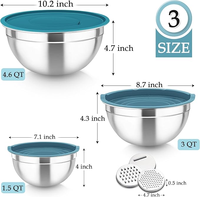 TeamFar Mixing Bowls, Stainless Steel Nesting Salad Bowls with Lids Set of 3 & 3 Grater Attachments, For Mixing/Serving/Storing, Non-toxic & Long-lasting, Size 4.6/3 / 1.5 QT, Navy Blue - Image 2