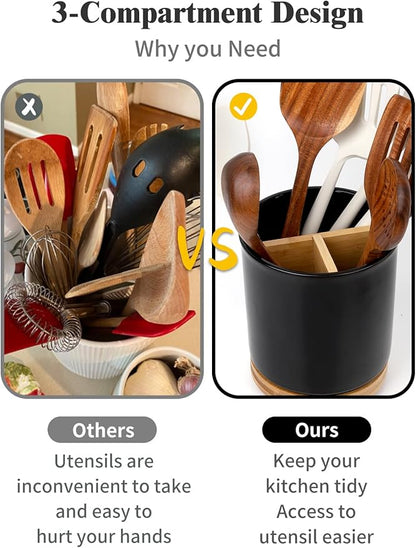 LoeJan 3 Compartment Utensil Holder, Extra Large Utensil Crock, Stable Ceramic Utensil Organizer, Cooking Tool Organizer Set for Kitchen Counter Farmhouse Decor (D-Black(Grossy)) - Image 5
