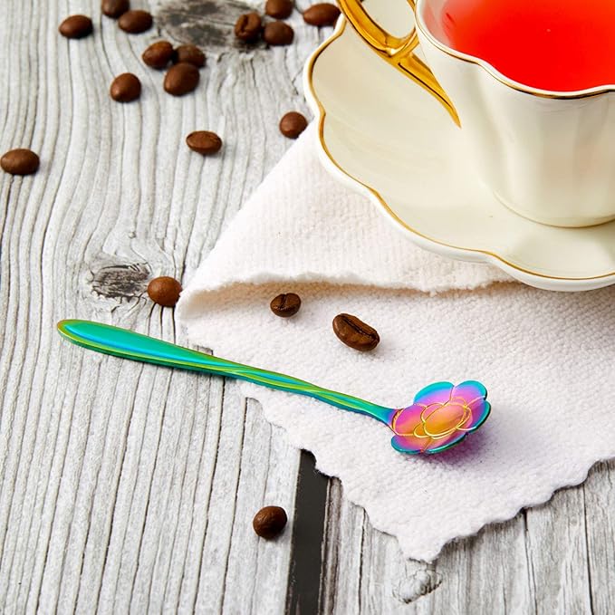 Chengu 8 Pieces Flower Coffee Tea Spoons Stainless Steel Sugar Spoons Tea Party Flower Fancy Tableware Set Stir Bar Creative Stirring Teaspoon, 8 Different Patterns(Rainbow Color) - Image 7