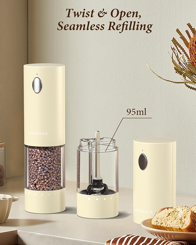 Electric Salt and Pepper Grinder Set - Automatic Refillable Salt and Pepper Grinders with Charging Base & LED Light, 6-Level Adjustable Coarseness with External Dial, Ideal Kitchen Gadget，Beige - Image 6