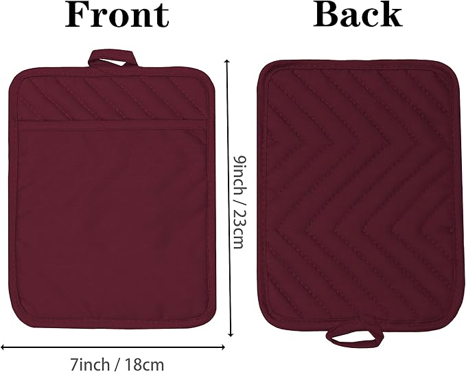 Oven Pot Holder with Pocket Cotton Heat Resistant Coaster Potholder Kitchen Hot Pad Oven Mitts for Cooking Square 7"x9"Set of 5 (Burgundy red, 5) - Image 2
