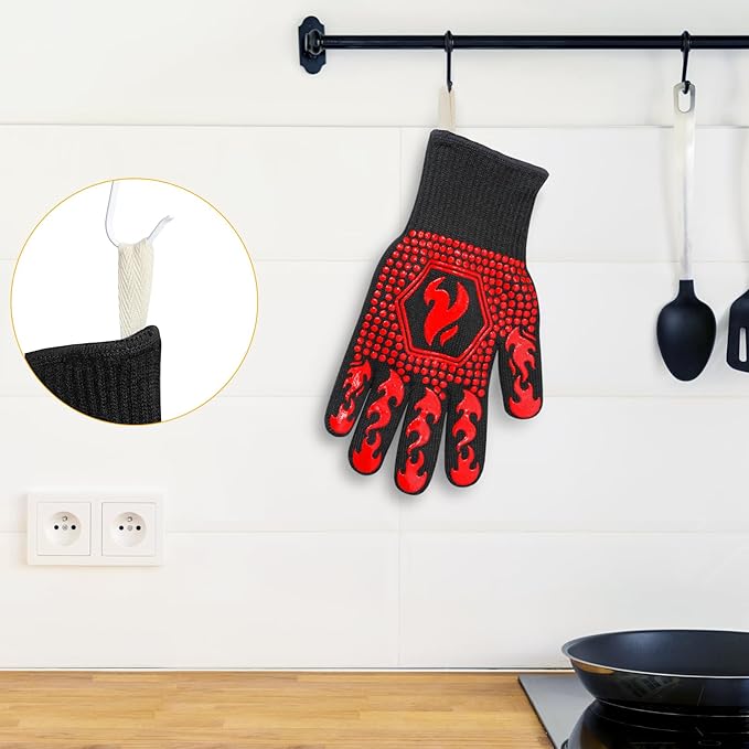 QUWIN BBQ Gloves, BBQ Accessories 1472℉ Extreme Heat Resistant, Grilling Gloves Silicone Non-Slip Oven Mitts, Kitchen Gloves for BBQ, Grilling, Cooking, Baking-1 Pair… (One Size Fits Most, Red) - Image 4