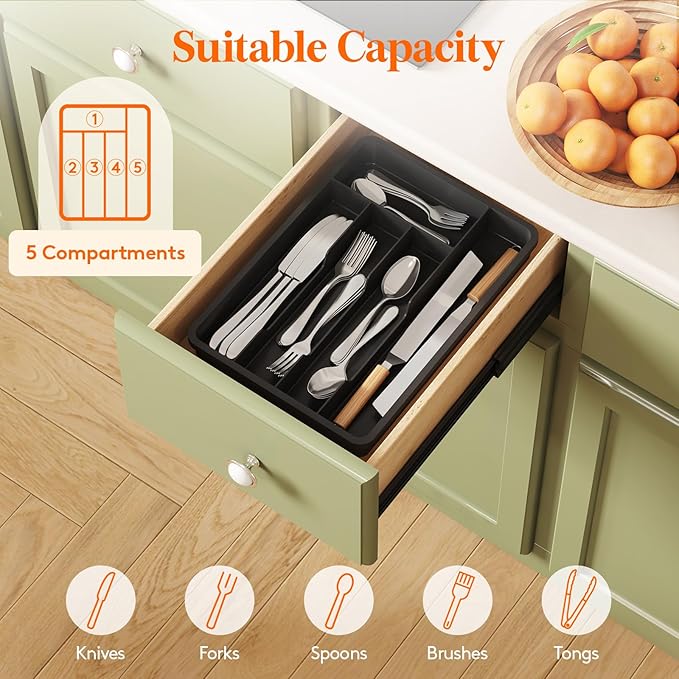Lifewit Silverware Drawer Organizer Tray, Plastic Cutlery Storage for Kitchen, Flatware and Utensil Holder Divider for Spoons Forks Knives Tableware, 9.5 x 13.4", 5 Slots, Black - Image 3