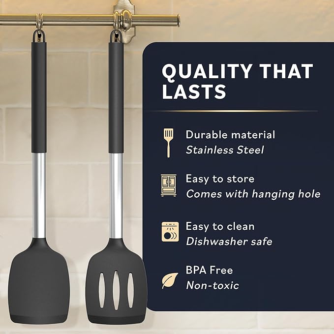 Home Hero Silicone Spatula Set - Heat Resistant Spatulas for Cooking - Ergonomic Stainless Steel Cooking Utensils - Solid & Slotted Silicone Turners - Pack of 2, Black - Image 6