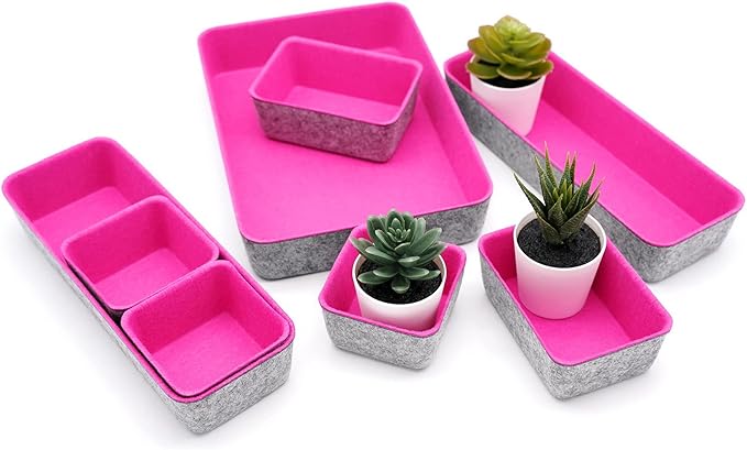 Welaxy Desk Drawer Organizer Tray Set, 8-Piece Office Drawer Organizers for Pens, Makeup, Keys, Crafts, Entryway Catchall, Decluttering Storage (Hot Pink) - Image 6