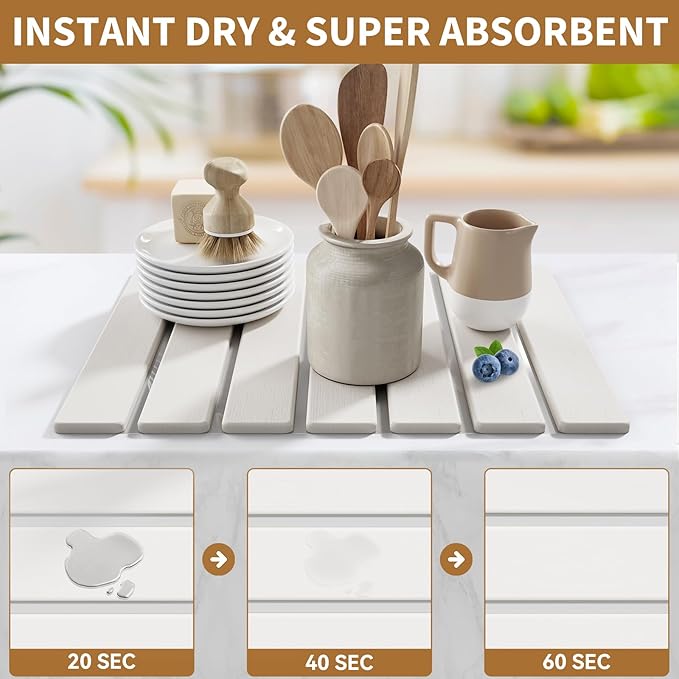Stone Dish Drying Mat for Kitchen Counter,15.5''x11.8'' Foldable Quick Dry Stone Kitchen Mat,Eco-Friendly,Absorbent Diatomaceous Earth Mats for Dishes Bottles Cups Bathroom Any Countertop-White - Image 3