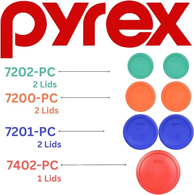 Pyrex (2) 7202-PC Green, (2) 7200-PC Orange, (2) 7201-PC Cobalt Blue, (1) 7402-PC Red Food Storage Lids - Made in USA - Image 3