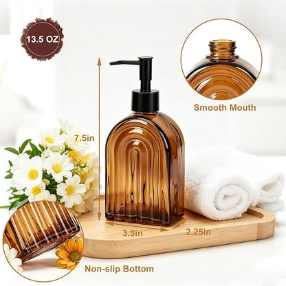 Amber Glass Soap Dispenser with Plastic Pump, 13.5Oz Refillable Liquid Farmhouse Soap Dispenser for Hand and Dish Set for Bathroom Countertop Decor