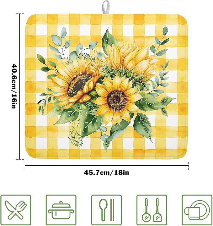 Spring Summer Dish Drying Mat 16x18 Inch Absorbent Reversible Sunflower Drying Mat Summer Sunflower Dish Drying Rack Mat Yellow Summer Themed Dish Drainer Mat for Kitchen Counter Coffee Bar