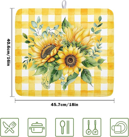 Spring Summer Dish Drying Mat 16x18 Inch Absorbent Reversible Sunflower Drying Mat Summer Sunflower Dish Drying Rack Mat Yellow Summer Themed Dish Drainer Mat for Kitchen Counter Coffee Bar