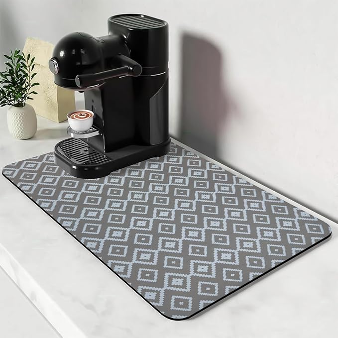 Bloss Dish Drying Mat, 2025 Multiple Usage Coffee Bar Mat, Kitchen Counter Mat, Absorbent Hide Stain Rubber Backed Dish Drying Pad(16.1"x24.1", Gray-White Plaid) by Bloss