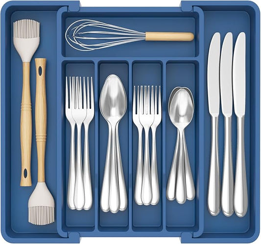 Lifewit Silverware Drawer Organizer, Expandable Utensil Tray for Kitchen, BPA Free Flatware and Cutlery Holder, Adjustable Plastic Storage for Spoons Forks Knives, 8.5"-14.1" x 12.1", Dark Blue by Lifewit