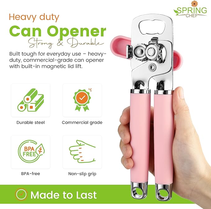 Spring Chef Stainless Steel Can Opener - Manual with Soft Grip Handles, Easy Turn, Heavy Duty Hand Can Openers for Seniors with Smooth Edge - Magnetic Lid Remover - Pink Lemonade - Image 2