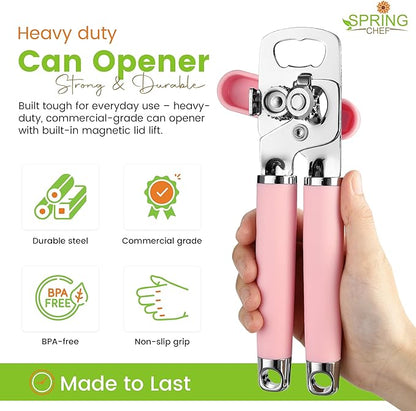 Spring Chef Stainless Steel Can Opener - Manual with Soft Grip Handles, Easy Turn, Heavy Duty Hand Can Openers for Seniors with Smooth Edge - Magnetic Lid Remover - Pink Lemonade - Image 2